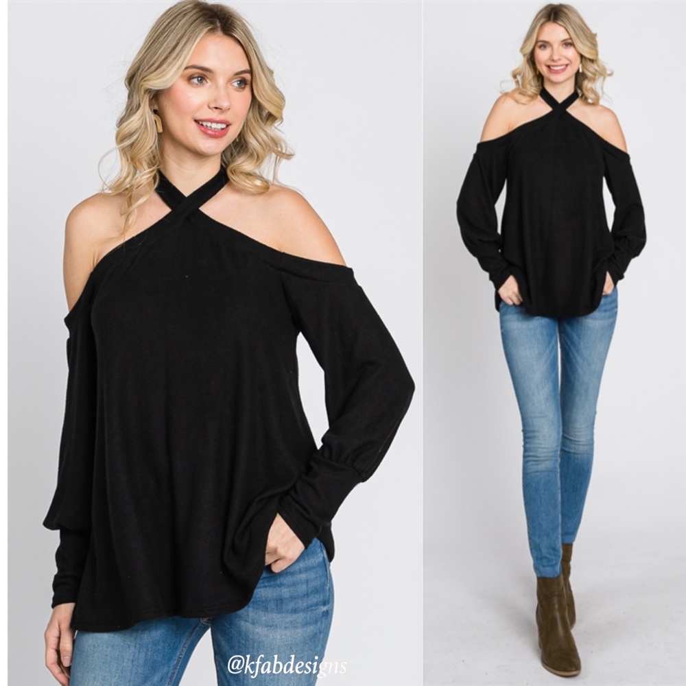 LAST 1! Super Soft Black Cross Neck Cold Shoulder Cuffed Sleeve Top - Picture 2 of 8